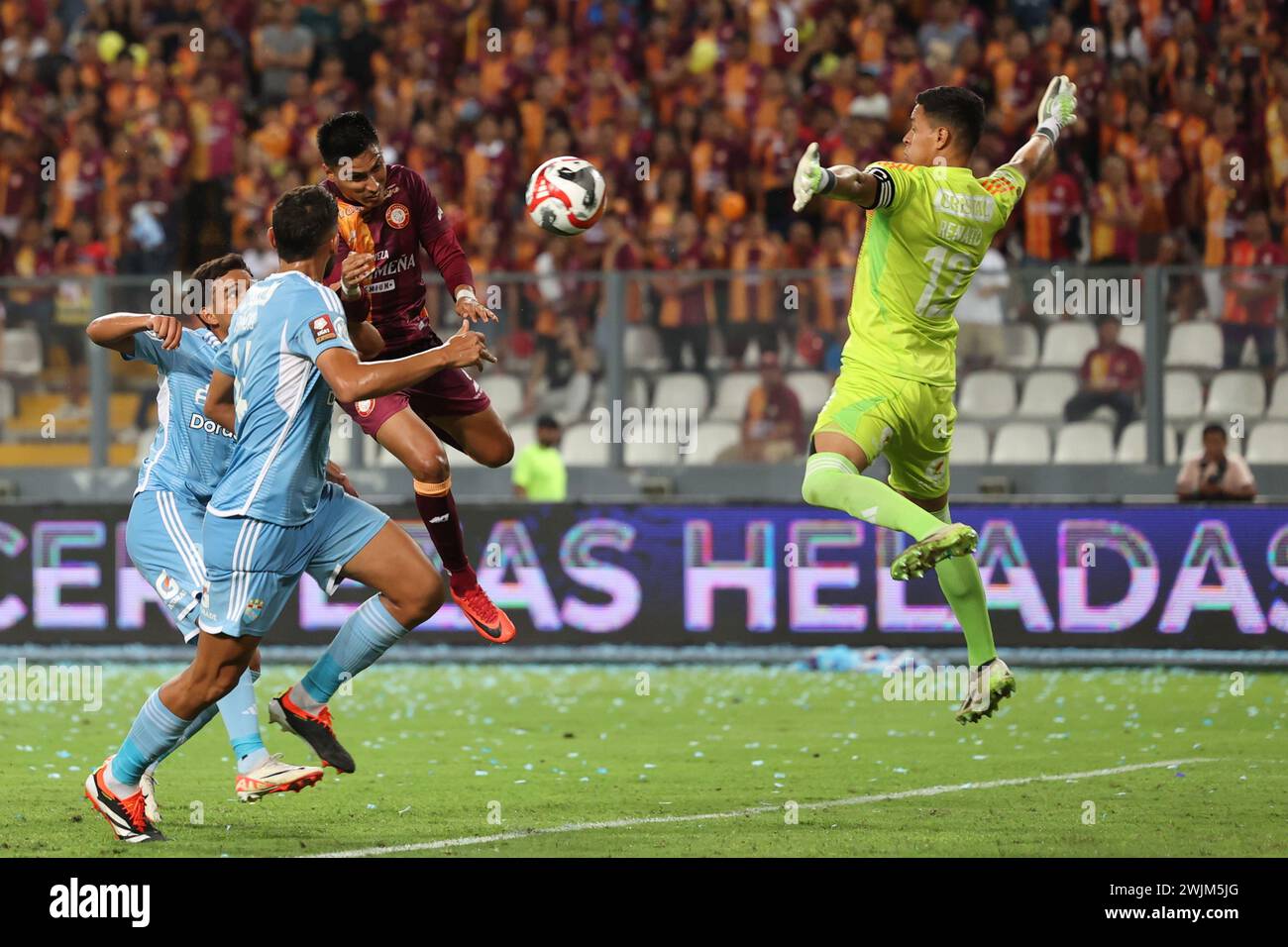 Lima, Peru. 16th Feb, 2024. Jose Manzaneda of Los Chankas scores goal