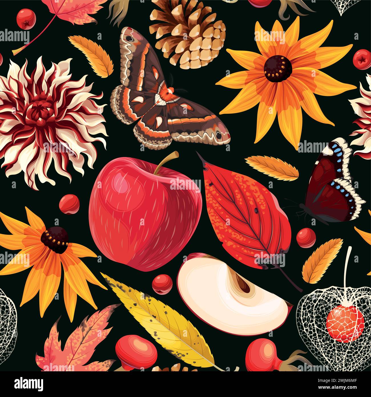 Autumn pattern with leaves and flowers Stock Vector