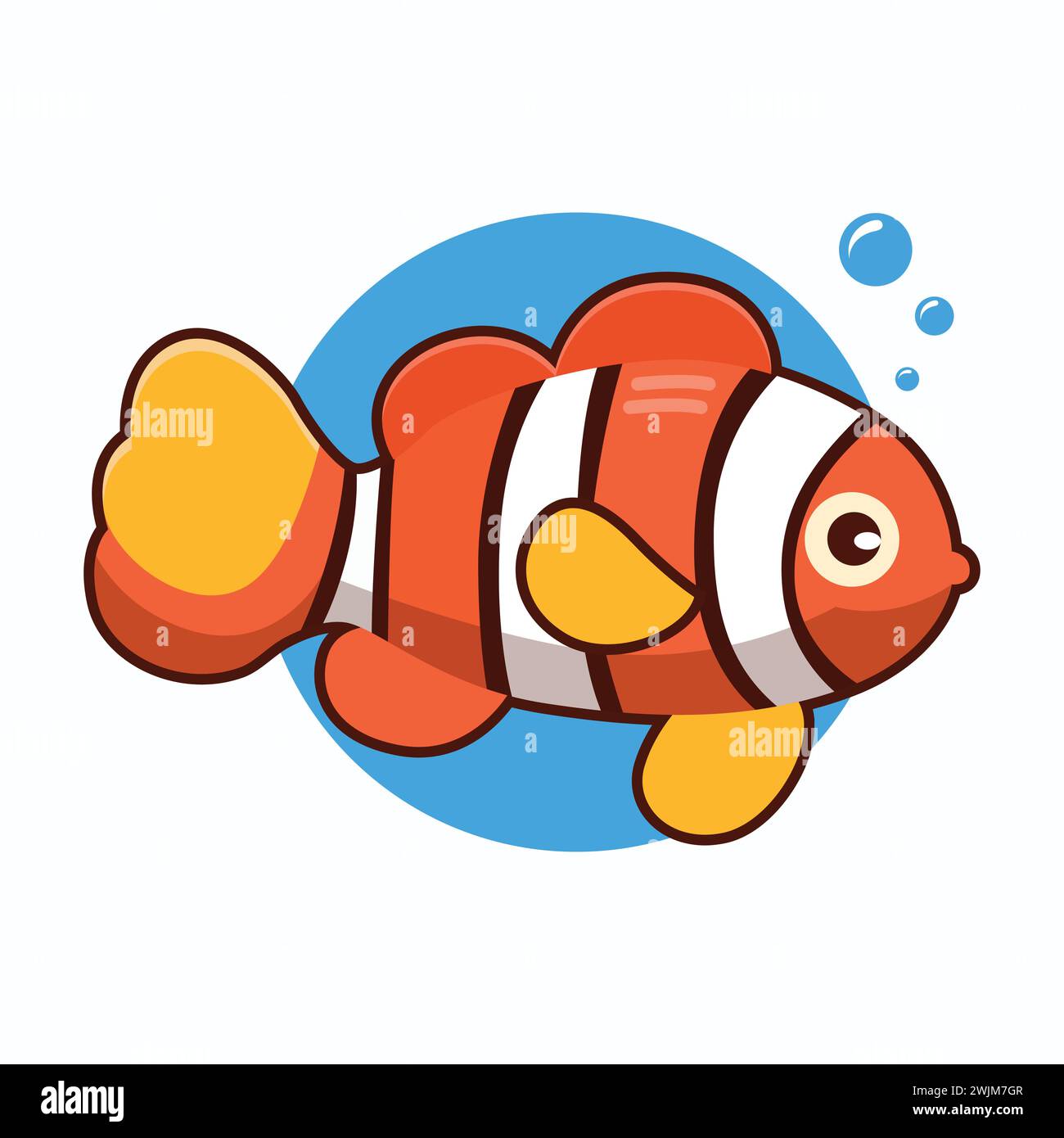 Clown fish flat style vector icon illustration. Isolated Reef fish with yellow, orange, and white color. Sea animal cartoon character sticker design. Stock Vector