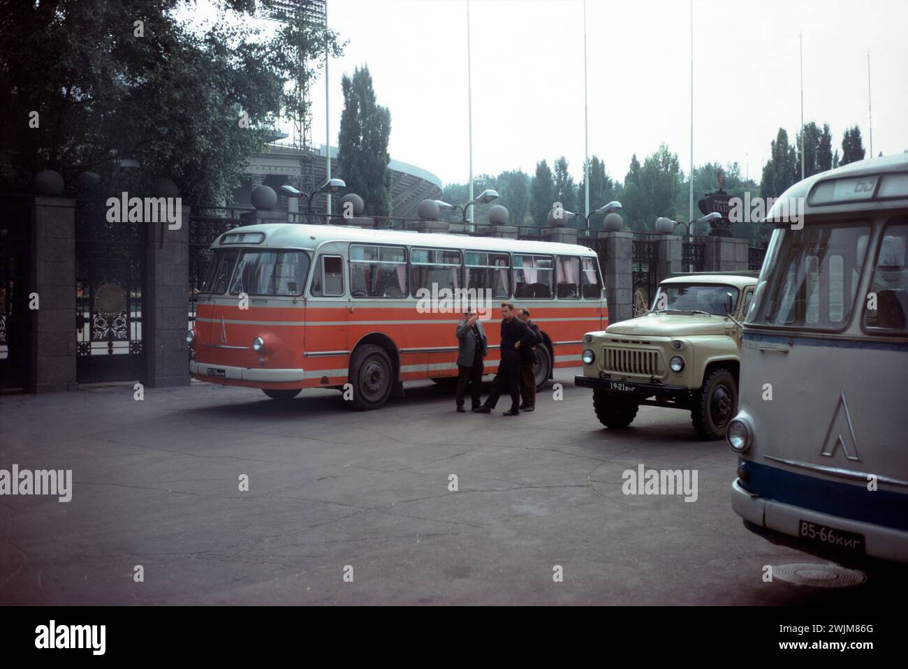 LAZ-695 buses and a GAZ-53 truck Stock Photo