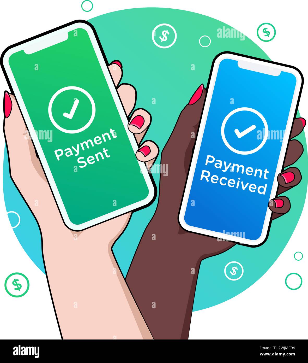 Two smartphones held by women and showing sending and receiving payments confirmation. Through a digital wallet application on a mobile phone. Stock Vector