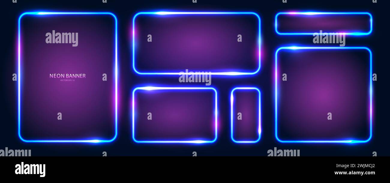 A set of rectangular neon frames with shining effects, highlights and ...
