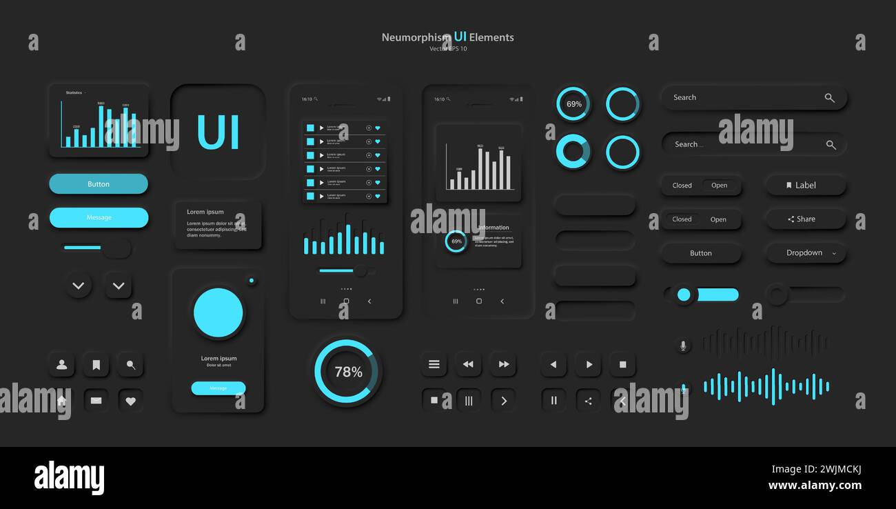 User interface elements for a mobile application in black and blue style Stock Vector