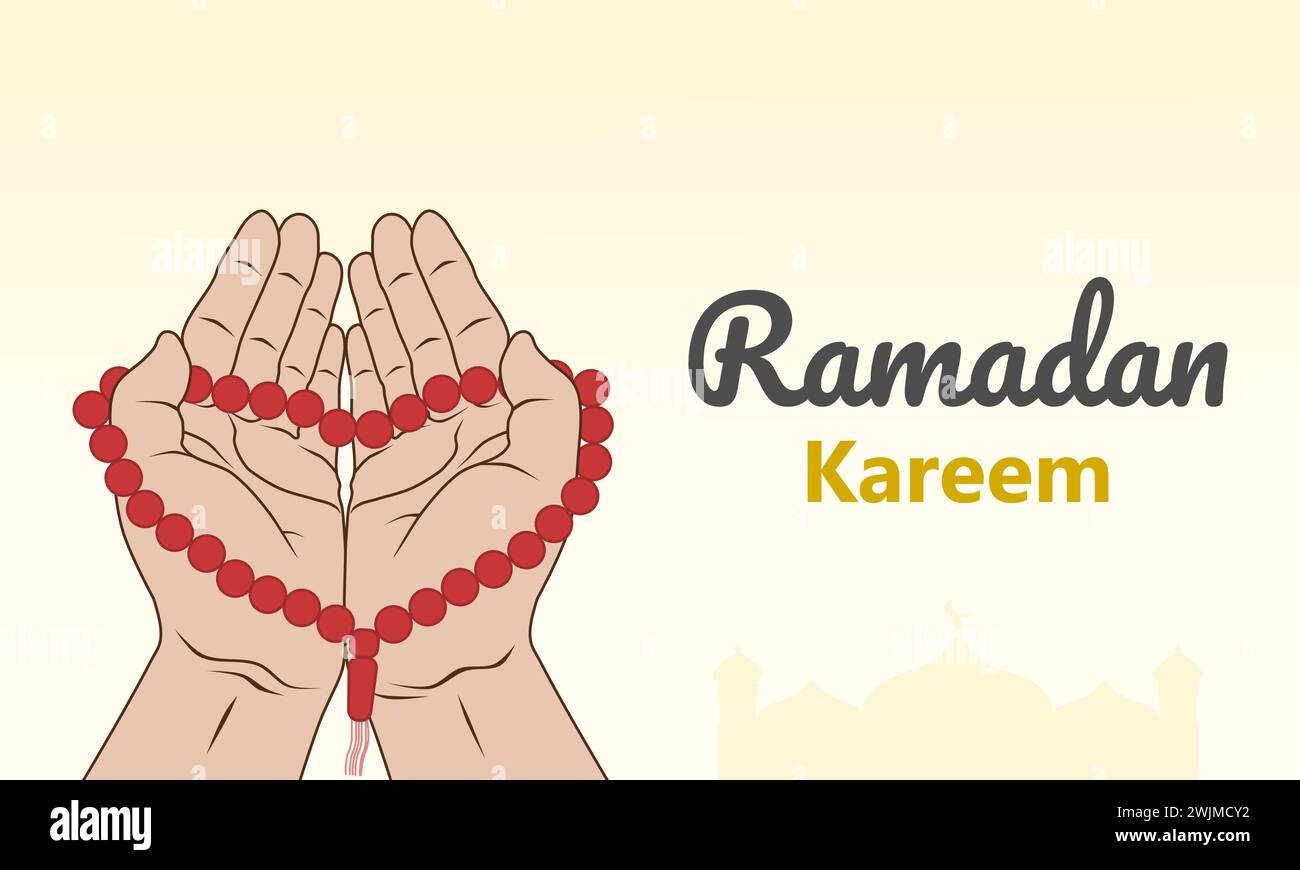 Ramadan kareem concept. Muslim hands holding prayer beads for dhikr and and pray to god. Vector illustration. Stock Vector