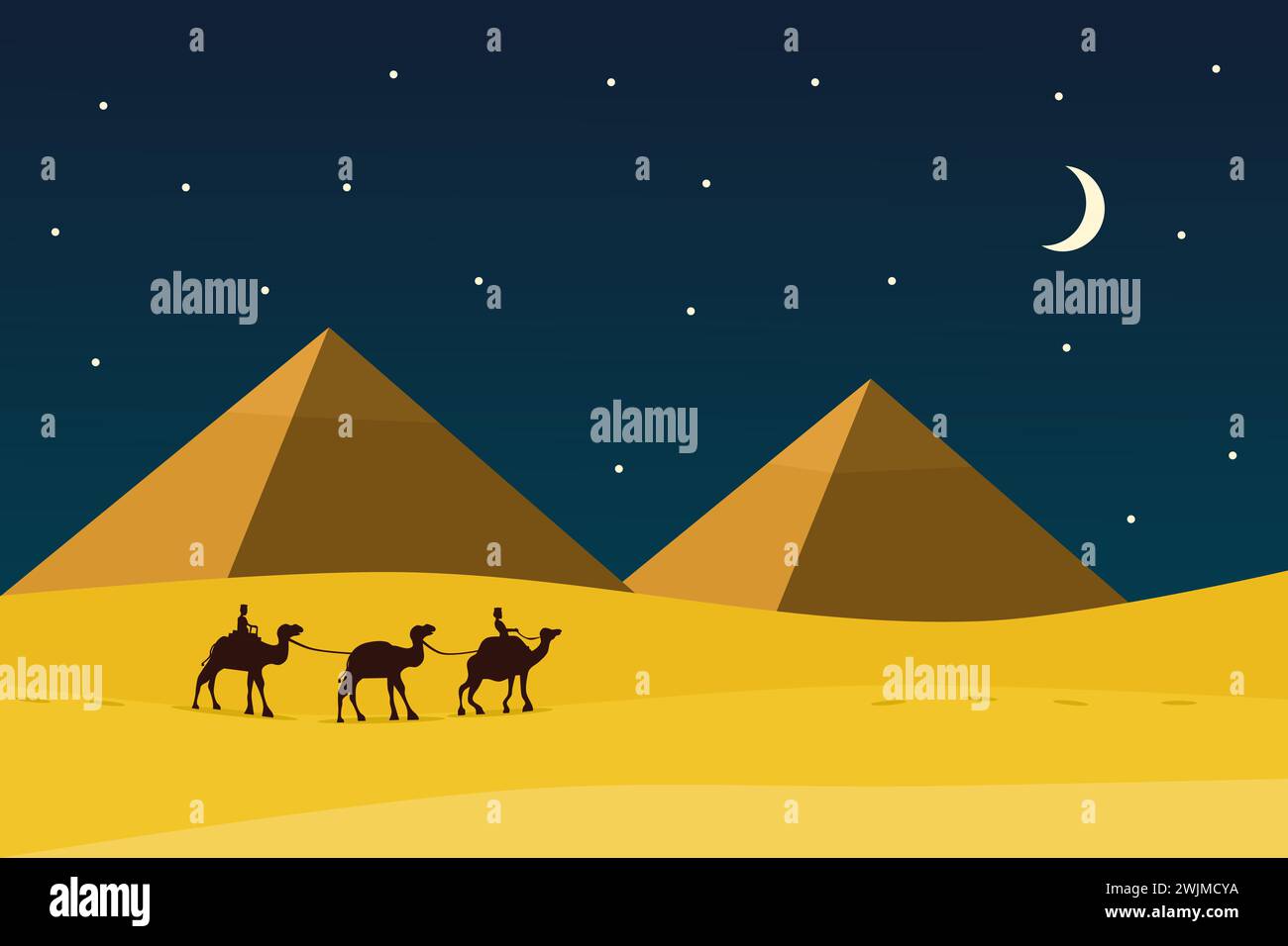 Pyramids and camels in the desert at night. Egyptian landscape panoramic. Vector illustration. Stock Vector