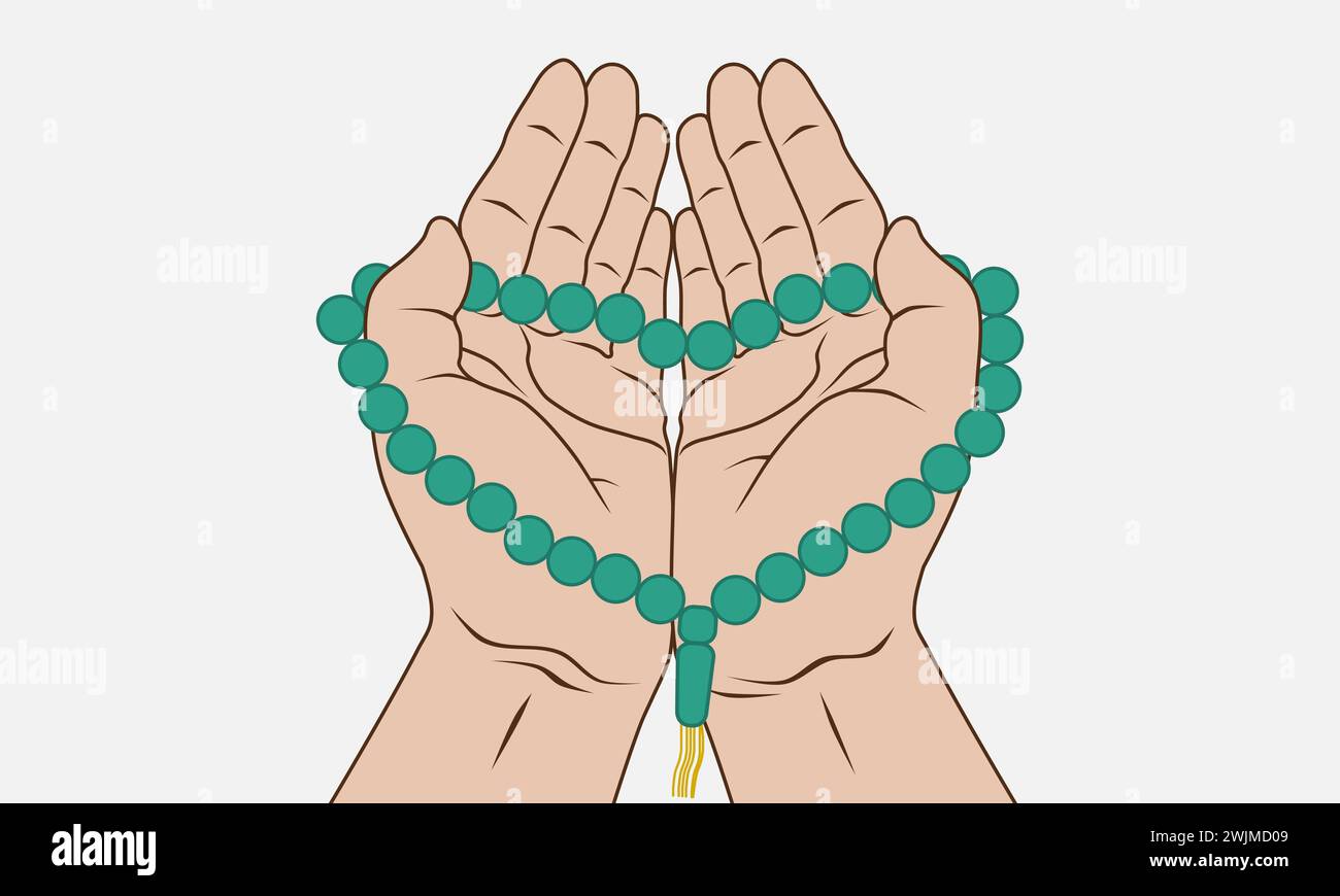 Muslim hands holding prayer beads for dhikr and and pray to god. Vector illustration. Stock Vector