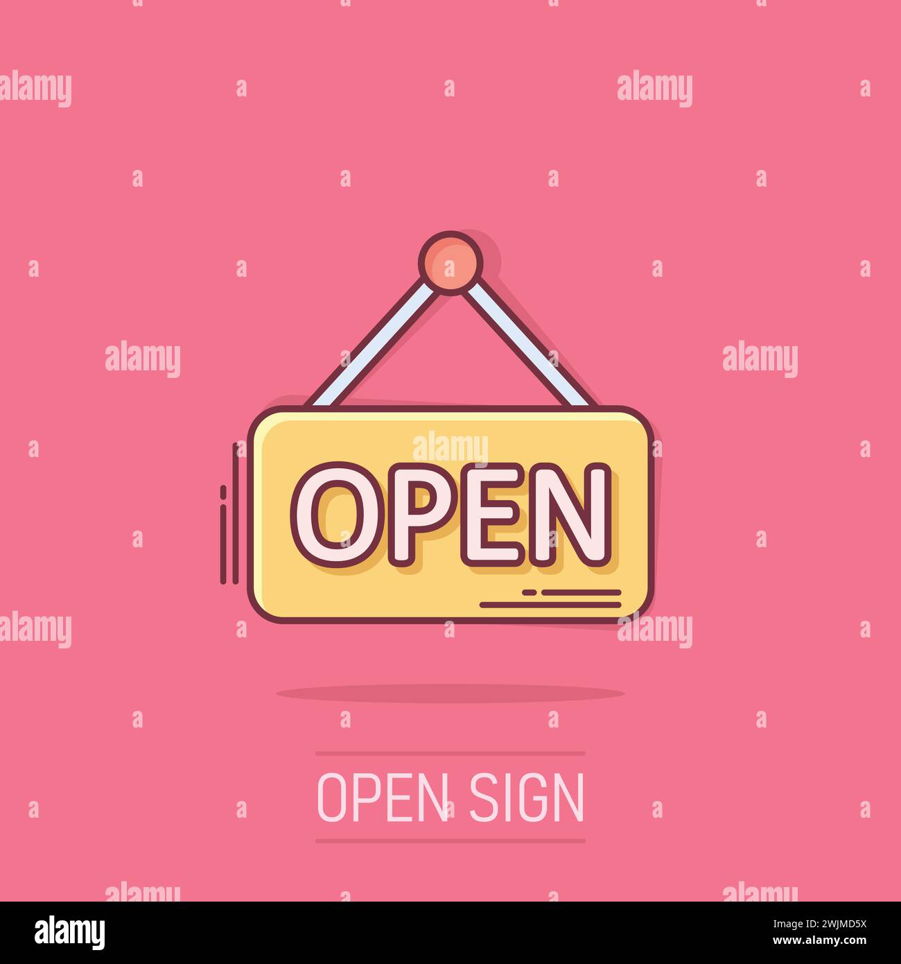 Open sign icon in comic style. Accessibility cartoon vector illustration on isolated background. Message splash effect business concept. Stock Vector