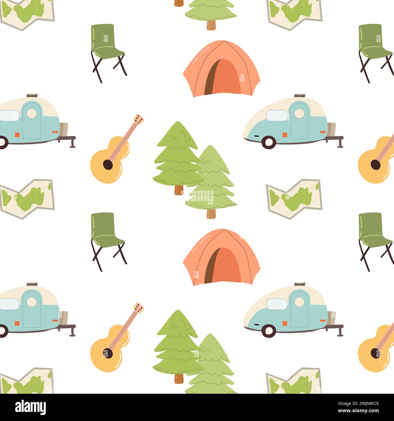 cute childish seamless pattern with camping trailer and tent. Vector illustration isolated. Can used for boys textile, poster, cartoon tent, trailer, guitar, chair, map, forest. Adventure background.  Stock Vector