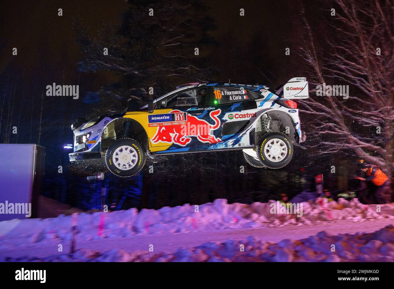 Umea, Sweden. 15th Feb, 2024. Driver Adrien Fourmaux (Fra) and Alexandre Coria (Fra) of Team M-Sport Ford World Rally Team Ford Puma Rally1 Hybrid compete during the Fia World Rally Championship Wrc Rally Sweden. (Photo by Luca Barsali/SOPA Images/Sipa USA) Credit: Sipa USA/Alamy Live News Stock Photo