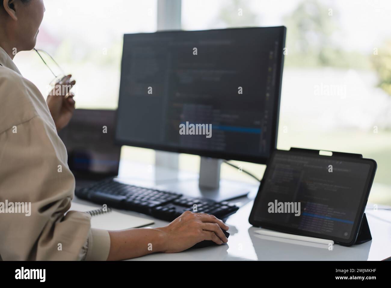 Developer programmer working to checking code on monitor while programming to developing website. Stock Photo