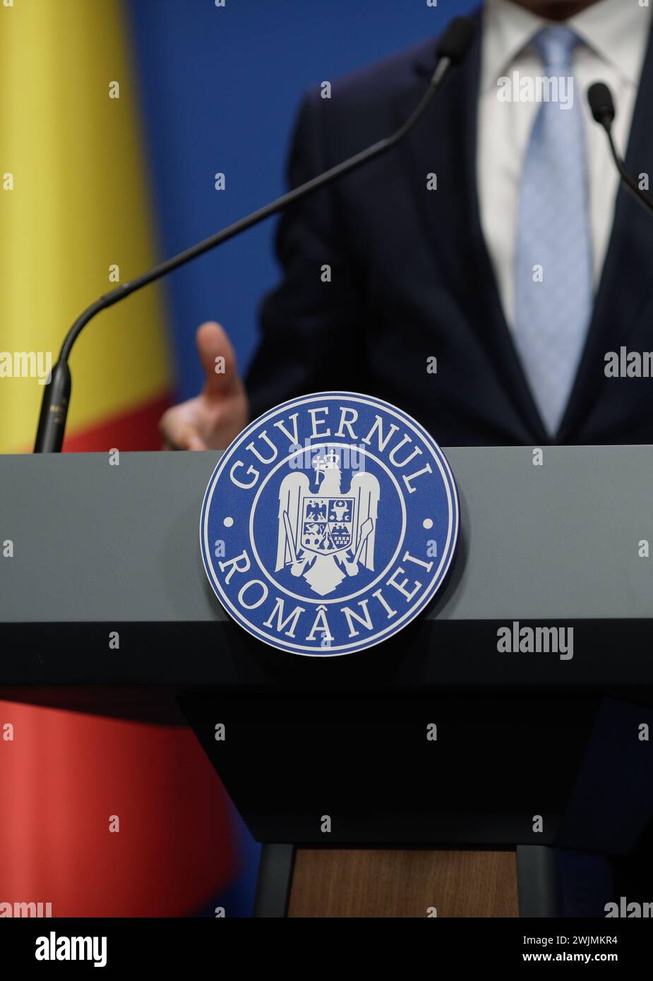 Bucharest, Romania - February 16, 2024: Details with the Romanian Government logo during a press conference held by a minister or politician. Stock Photo