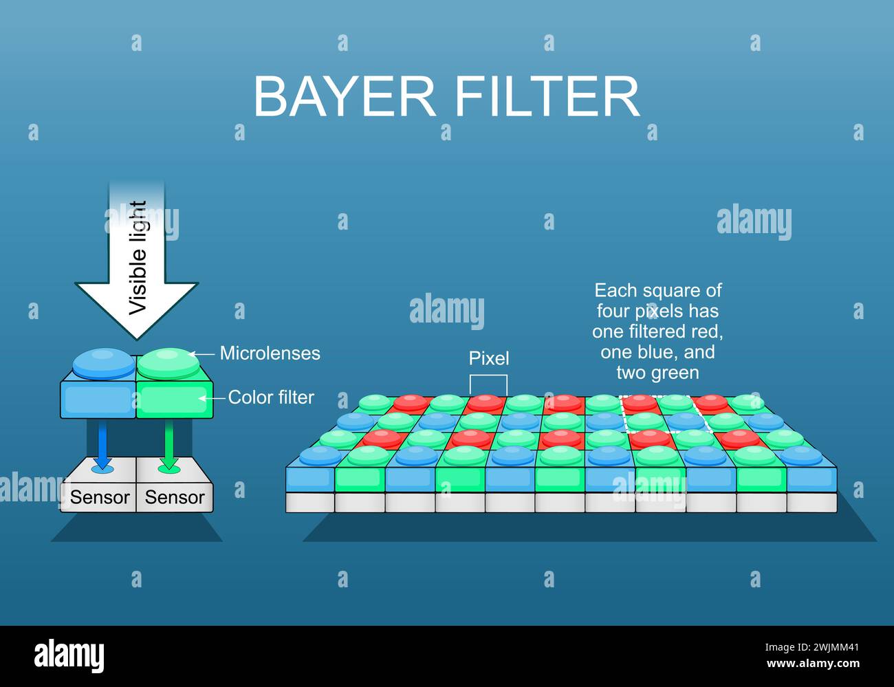 Bayer filter. Color filter array. Close-up of Digital image sensor. RGB color model. Pixel arrangement. Ccd and cmos sensor.  Color filtering in digit Stock Vector