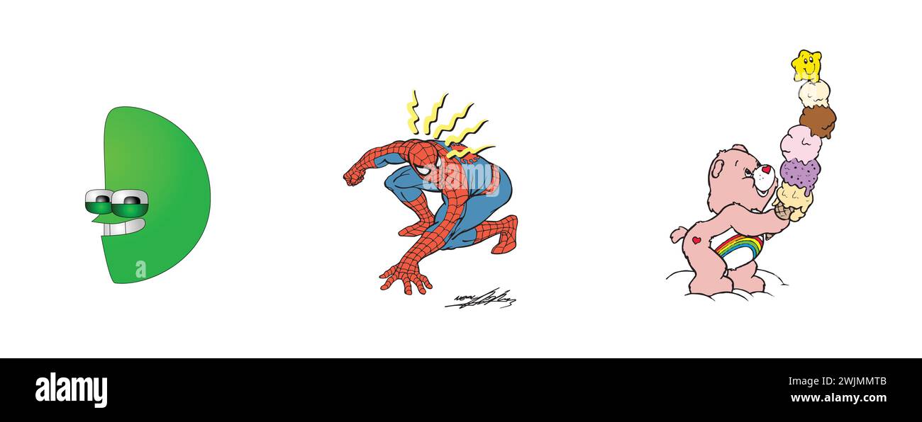 Cheer Bear, Alphabet Lore Letter , Marvel John Romita Sr. Spider-Man. Most popular arts and design logo collection. Stock Vector