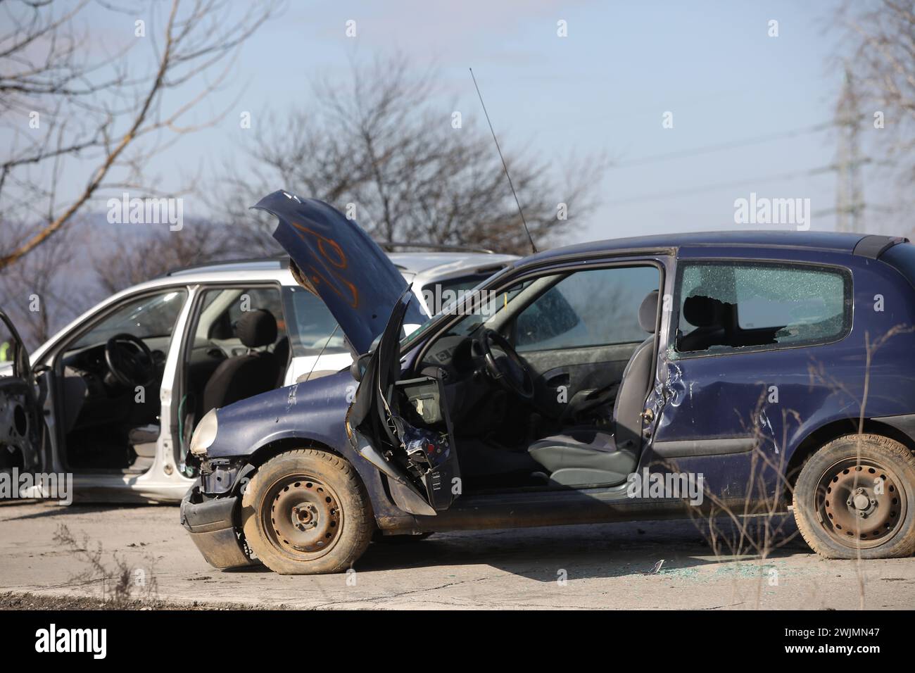Fire and Rescue Imergency Units at car crash training on highway. Stock Photo