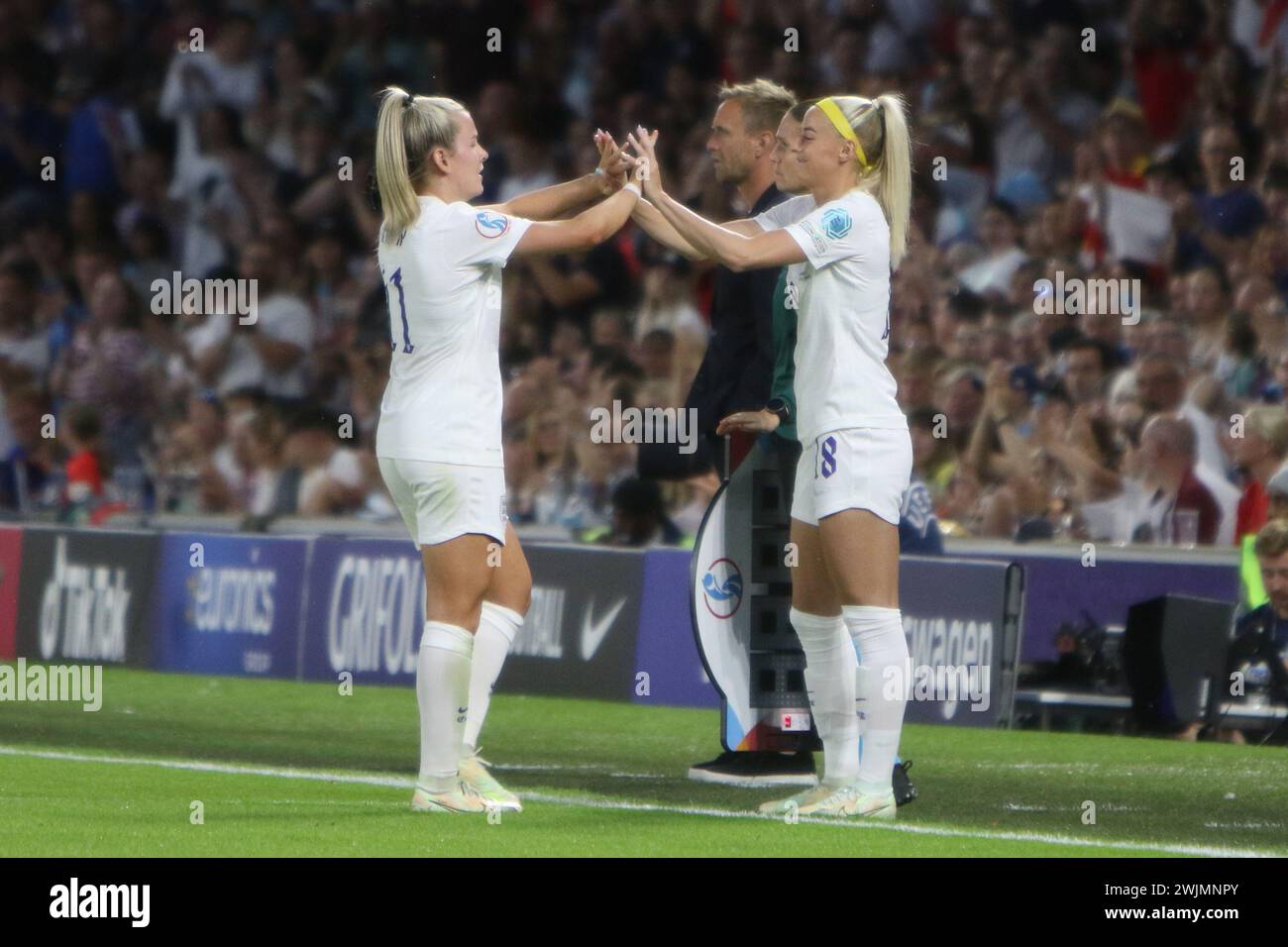 Lauren Hemp high fives sub Chloe Kelly England v Norway UEFA Womens Euro Brighton Community Stadium (Amex Stadium) 11 July 2022 Stock Photo