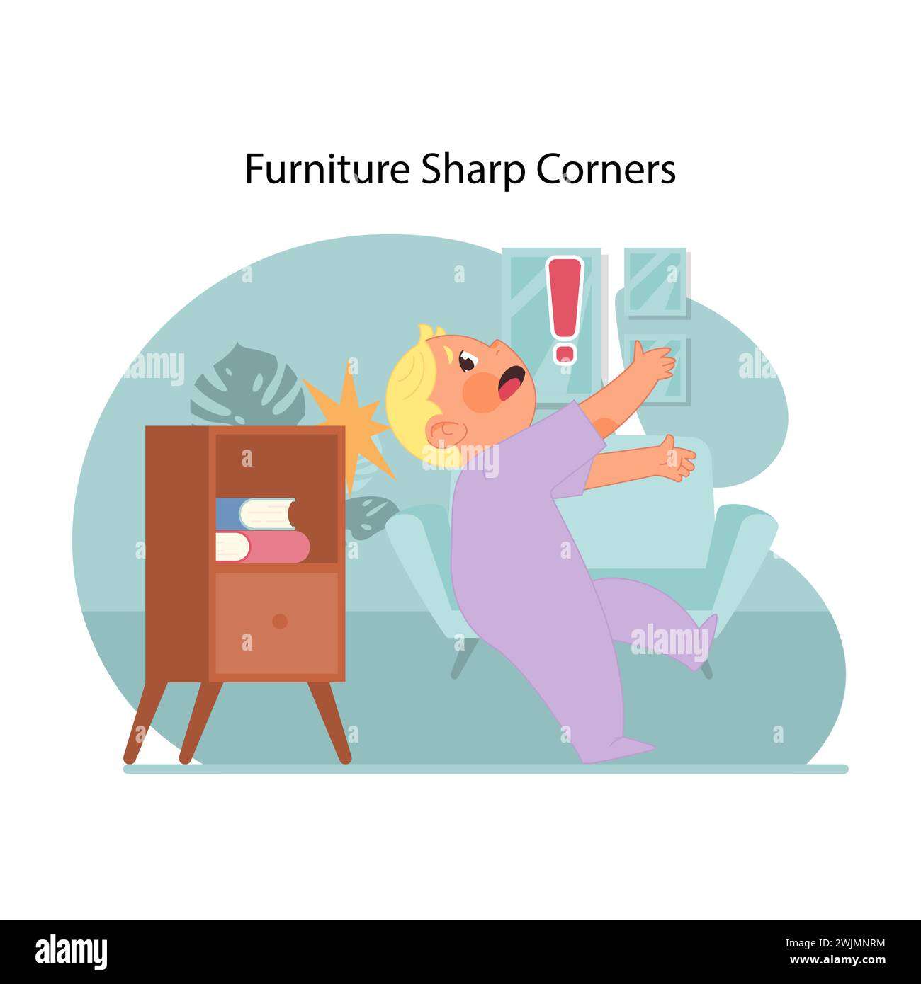 Furniture sharp corners. Toddler shocked, falling on drawer with books inside, risking head injury. Importance of home safety measures. Protecting child from getting hurt. Flat vector illustration Stock Vector