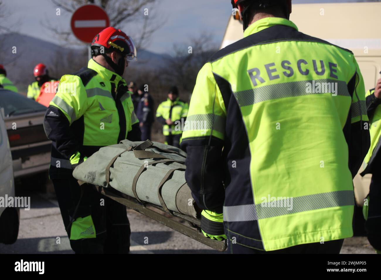 Fire and Rescue Imergency Units at car crash training on highway Stock ...