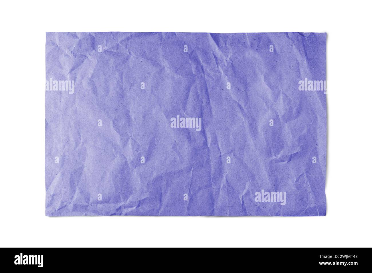 Purple crumpled rectangle sheet of paper with smooth edge isolated on white background. Recycled craft paper wrinkled, creased texture, grunge border. Stock Photo