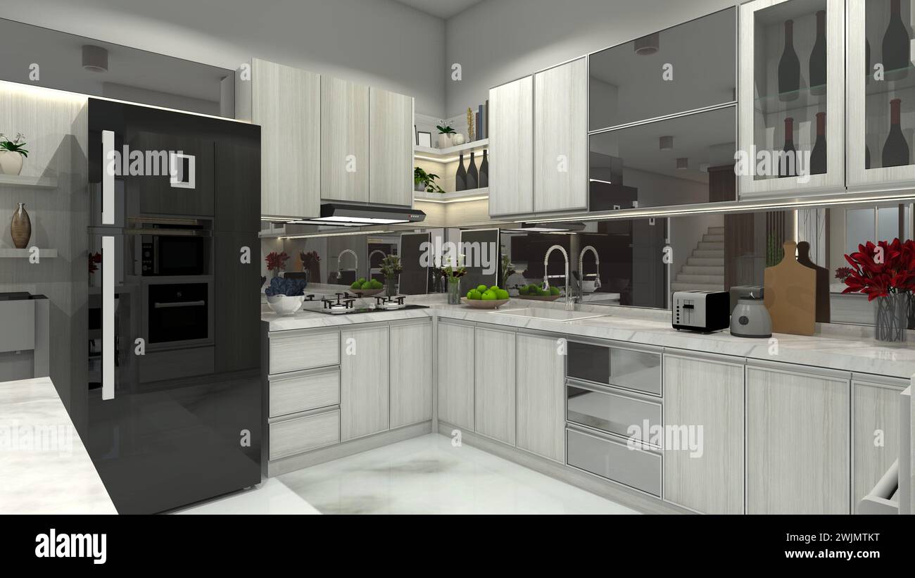 Picture of Modern and Luxury Kitchen Design with Wooden Cabinet, Mirror Backsplash ...