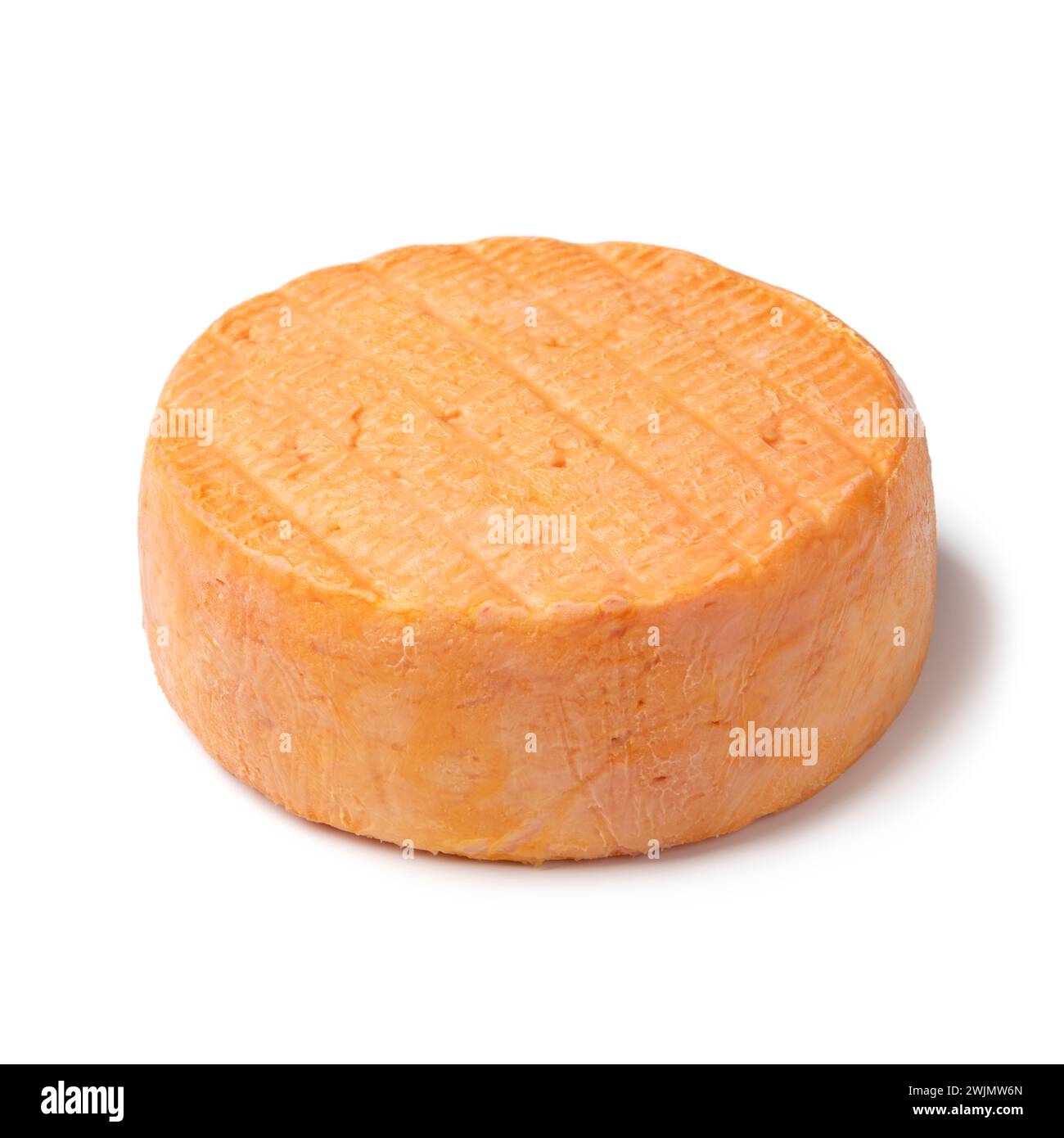 Single round French Fruite du Cap Gris Nez cheese isolated on white background close up Stock Photo