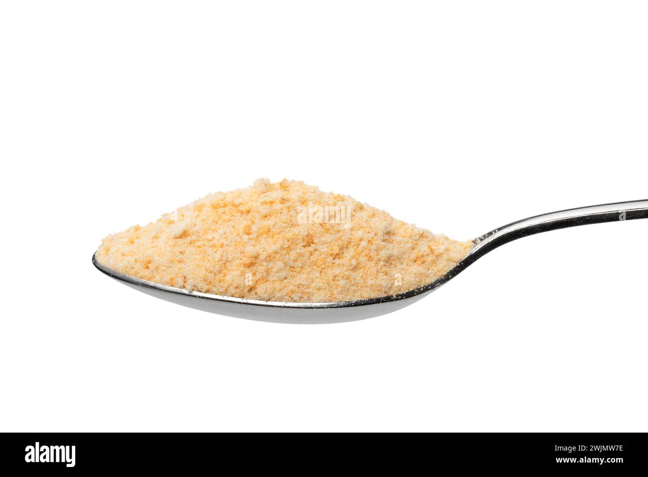 Single metal spoon with breadcrumb on white background close up Stock Photo