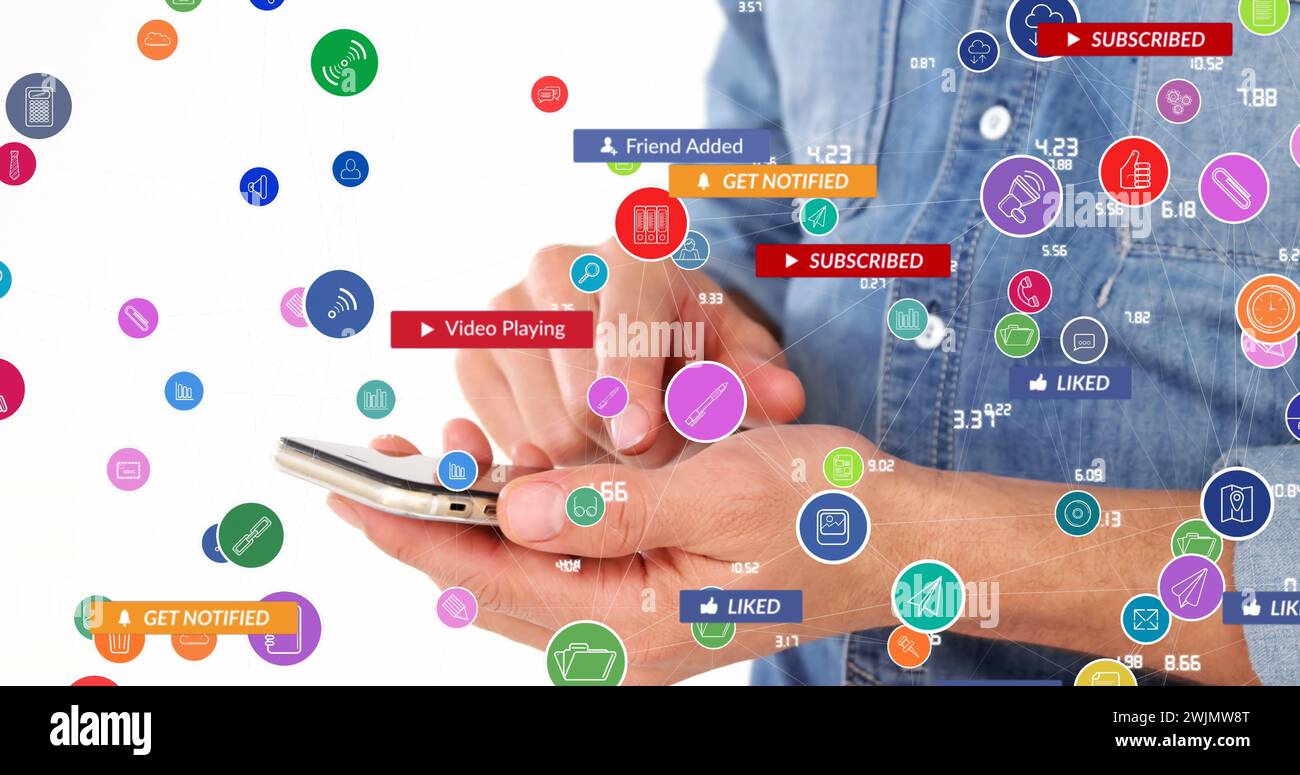 Image of data processing and icons over woman using smartphone Stock Photo