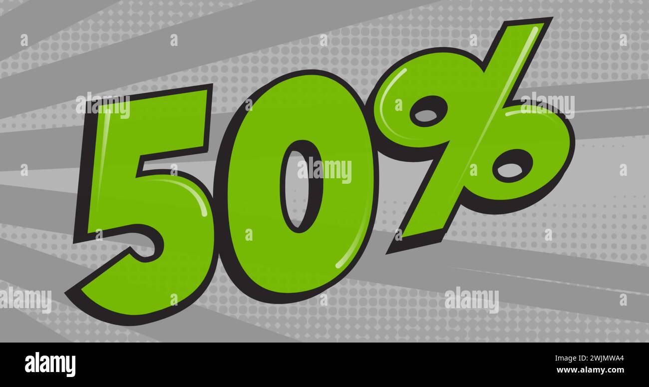 Image of minus 50 percent in green on grey spinning stripes Stock Photo