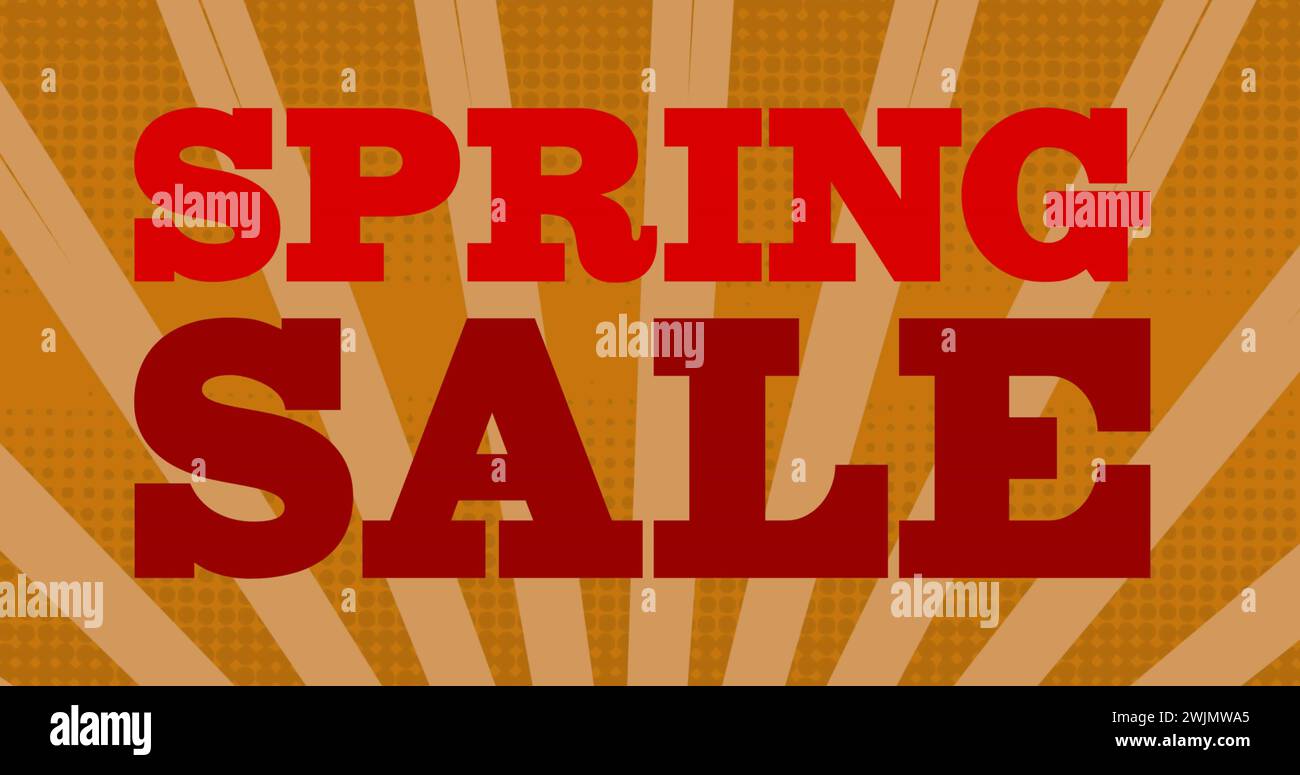 Image of spring sale text in red letters over spinning orange stripes Stock Photo