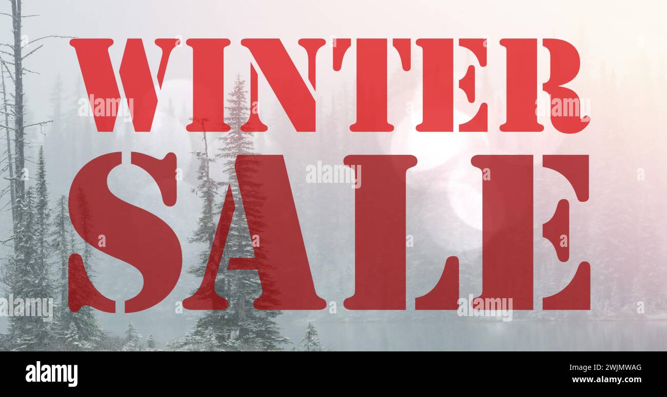 Image of winter sale text in red letters over winter landscape background Stock Photo