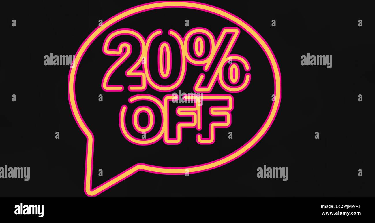 Image of 20 percent off text in orange neon letters and speech bubble on orange background Stock Photo