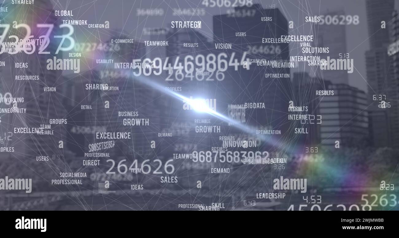 Image of data processing and numbers over cityscape Stock Photo
