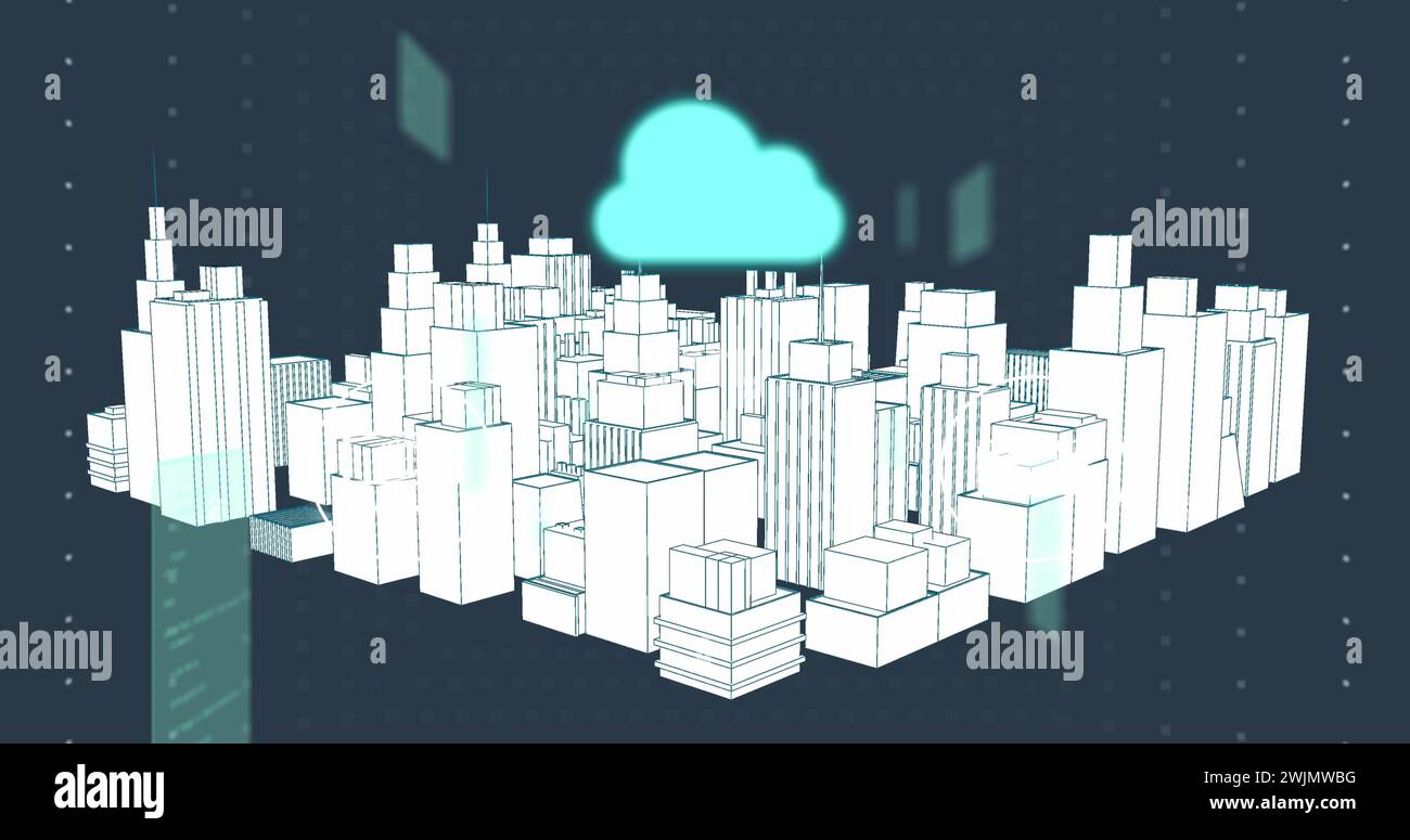 Image of cloud, connections and data processing over city Stock Photo