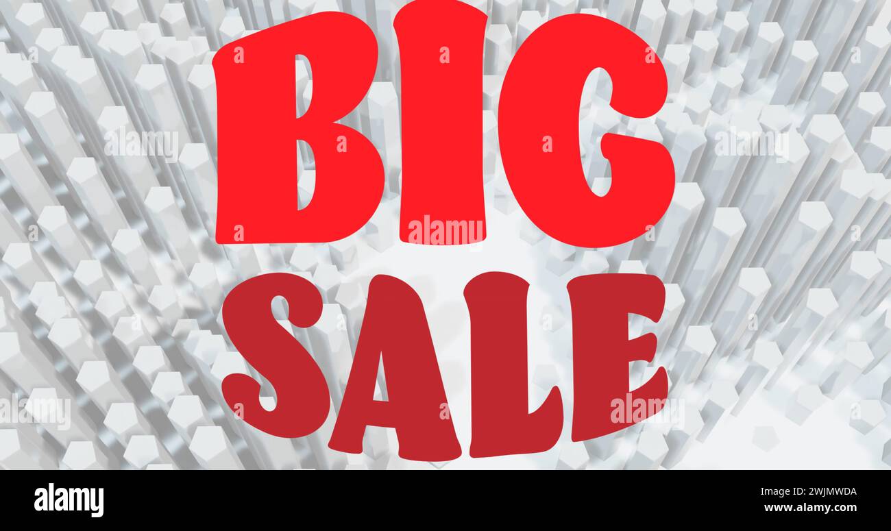 Image of big sale text in red letters on 3d white pulsating background Stock Photo