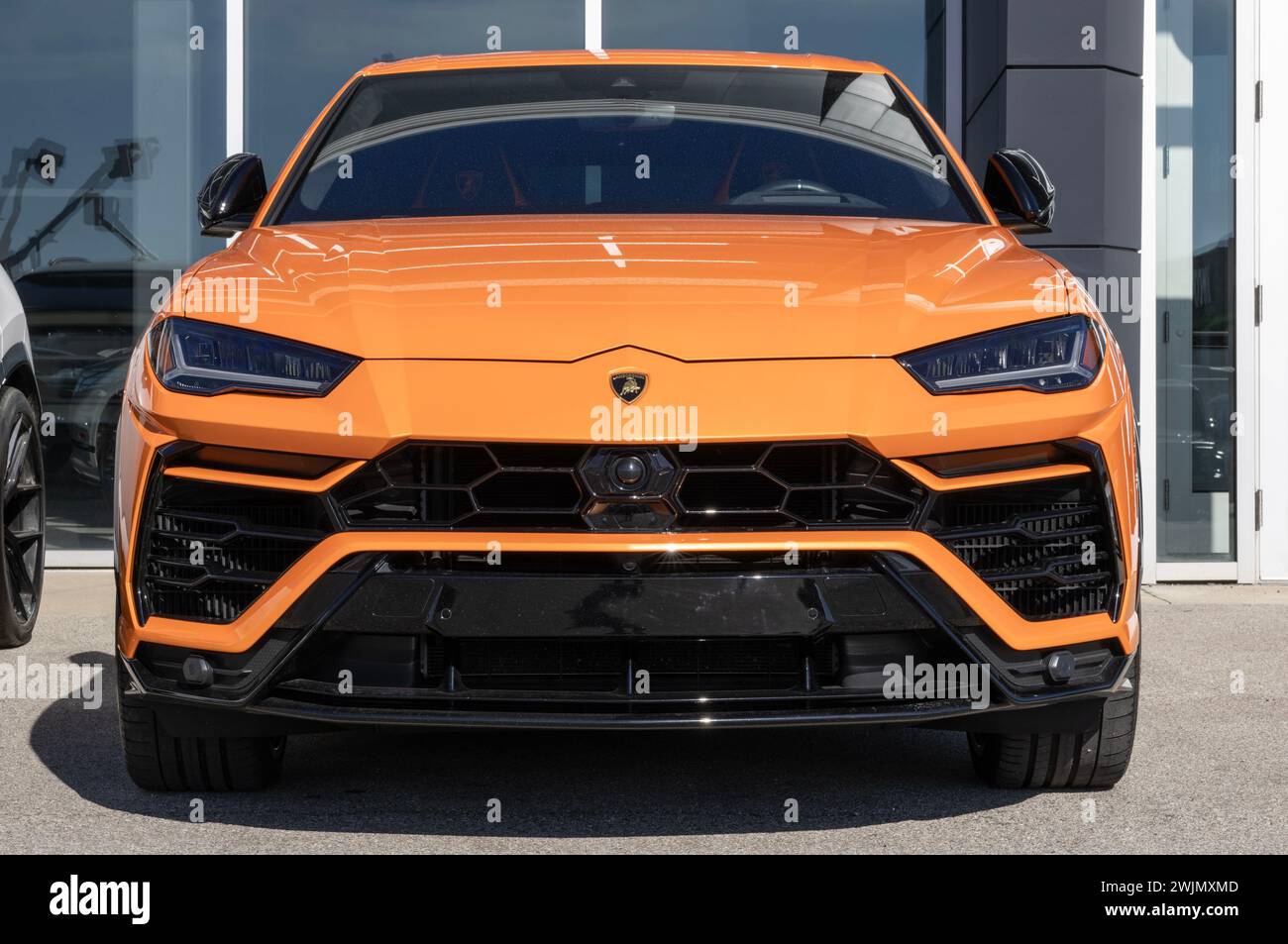 Indianapolis - February 11, 2024: Lamborghini Urus SUV display at a dealership. Lamborghini also offers the Urus Performante models. MY:2022 Stock Photo