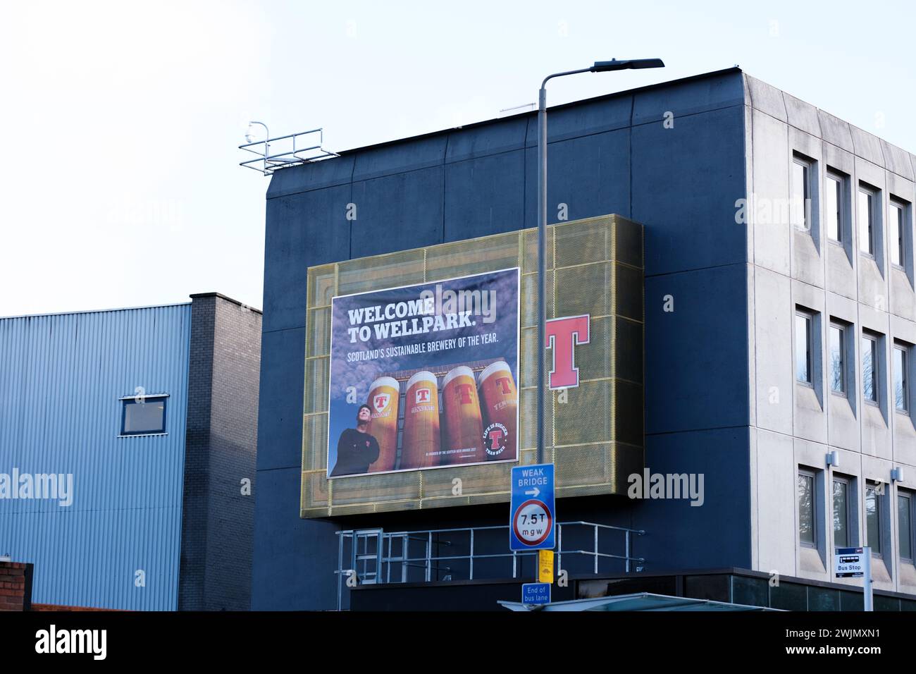 Glasgow Scotland: 12th Feb 2024: Tennent's Brewery Wellpark Tennent Caledonian exterior of factory. Home of Scottish beer Tennent's Lager Stock Photo