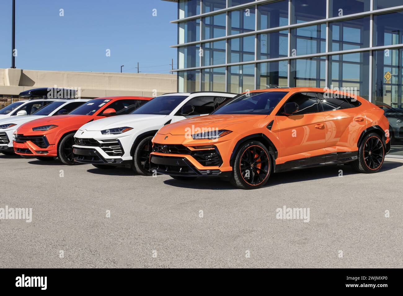 Indianapolis - February 11, 2024: Lamborghini Urus SUV display at a dealership. Lamborghini also offers the Urus Performante models. MY:2022 Stock Photo