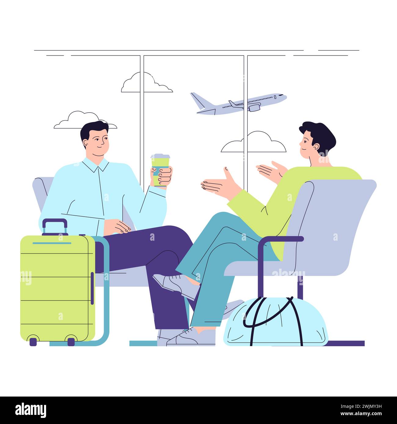 People in the airport. Characters with a suitcase in the airport lounge area. Two passengers waiting for a flight with a cup of coffee. Comfortable wait before flight. Flat vector illustration. Stock Vector