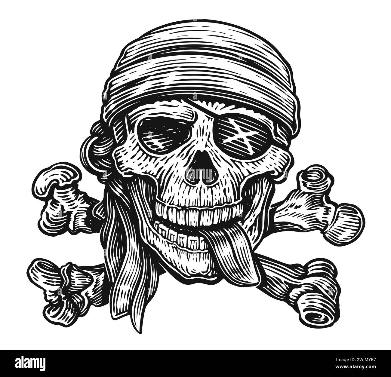 Jolly Roger wearing bandana and an eye patch. Human skull with crossbones. Vector sketch illustration Stock Vector