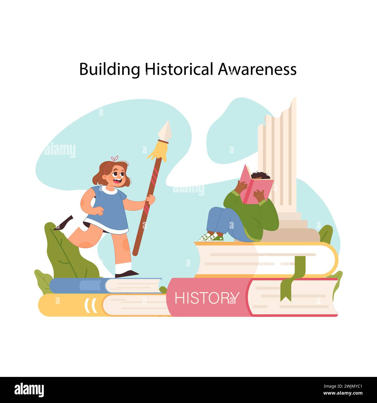 Little girl holding old spear, running towards boy sitting by antique pillar, reading books, promoting love for history. Nurturing interest for historical events in kids. Flat vector illustration Stock Vector