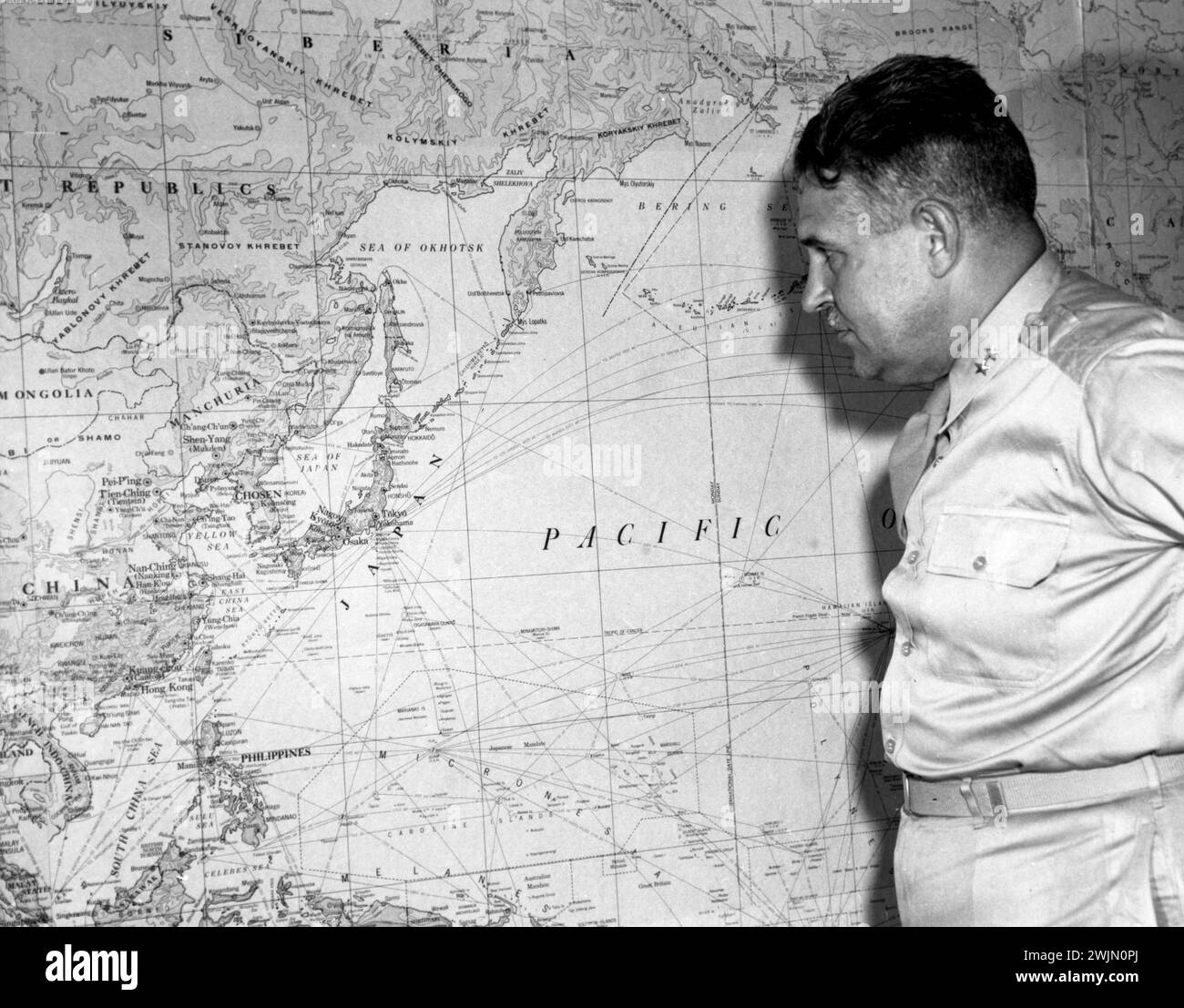 General Groves looking at a Pacific Ocean map at Oak Ridge. Groves was involved in the Atomic bombs that ended World War II. Stock Photo