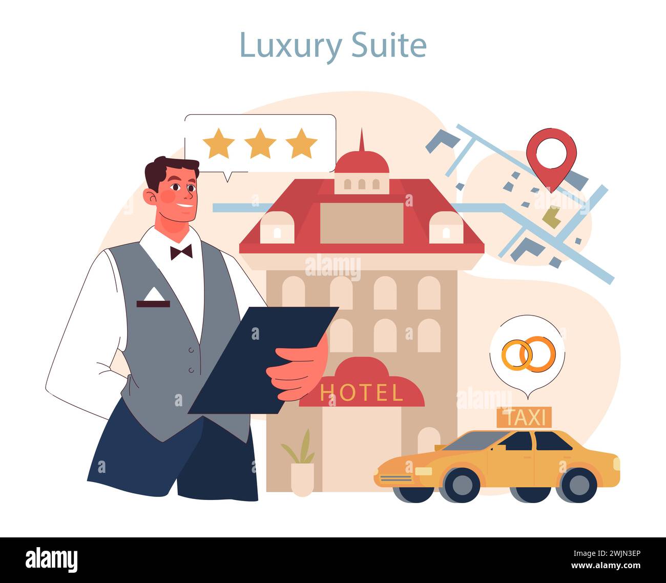 Luxury Suite concept. A beaming concierge welcomes guests to a sumptuous stay, where top-tier service meets elegance. Stock Vector