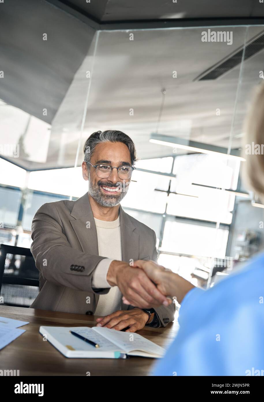 Happy mature male manager and recruit handshake at job interview. Vertical Stock Photo