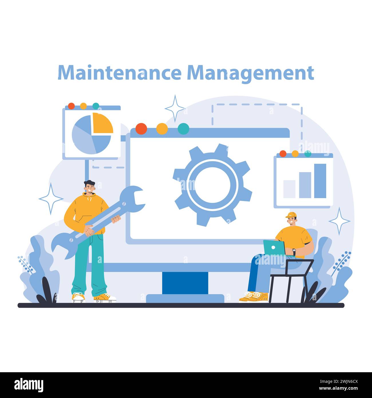 Maintenance Management concept. Efficient machinery upkeep through systematic monitoring. Technicians ensure operational integrity. Key performance indicators tracking. Flat vector illustration. Stock Vector