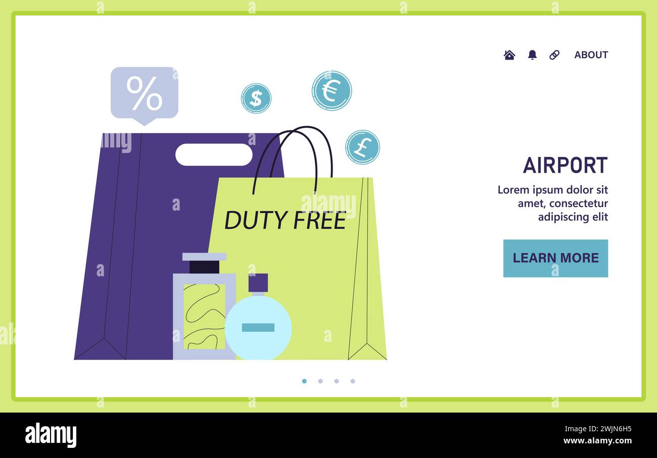 Airport. Duty-free shopping web or landing. Airport exclusive deals on luxury items. Tax-free retail shop. Travel and tourism. Flat vector illustration Stock Vector