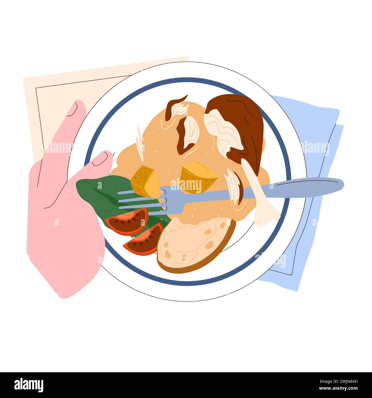Leftovers. Sustainable cooking, repurpose nextovers to reduce food waste. Meal prep with nextovers on a plate, promoting food waste reduction and efficient home cooking. Flat vector illustration. Stock Vector