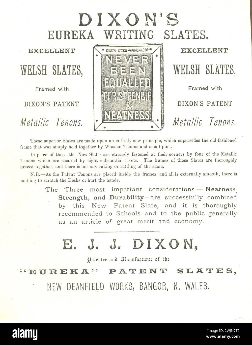 Advertising leaflet for Dixon's Eureka Writing Slates, Bangor, N. Wales circa 1895 Stock Photo