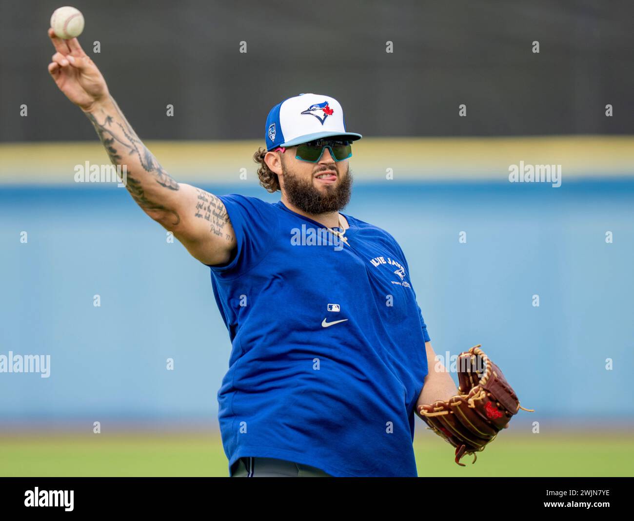 Toronto Blue Jays pitcher Alek Manoah warms up during baseball spring