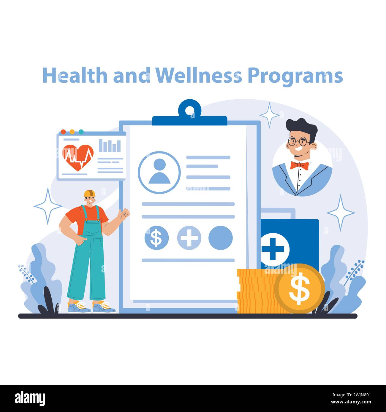 Health and Wellness Programs concept. A detailed depiction of employee health initiatives, financial planning for medical benefits, and wellness monitoring. Organizational care highlighted. Stock Vector