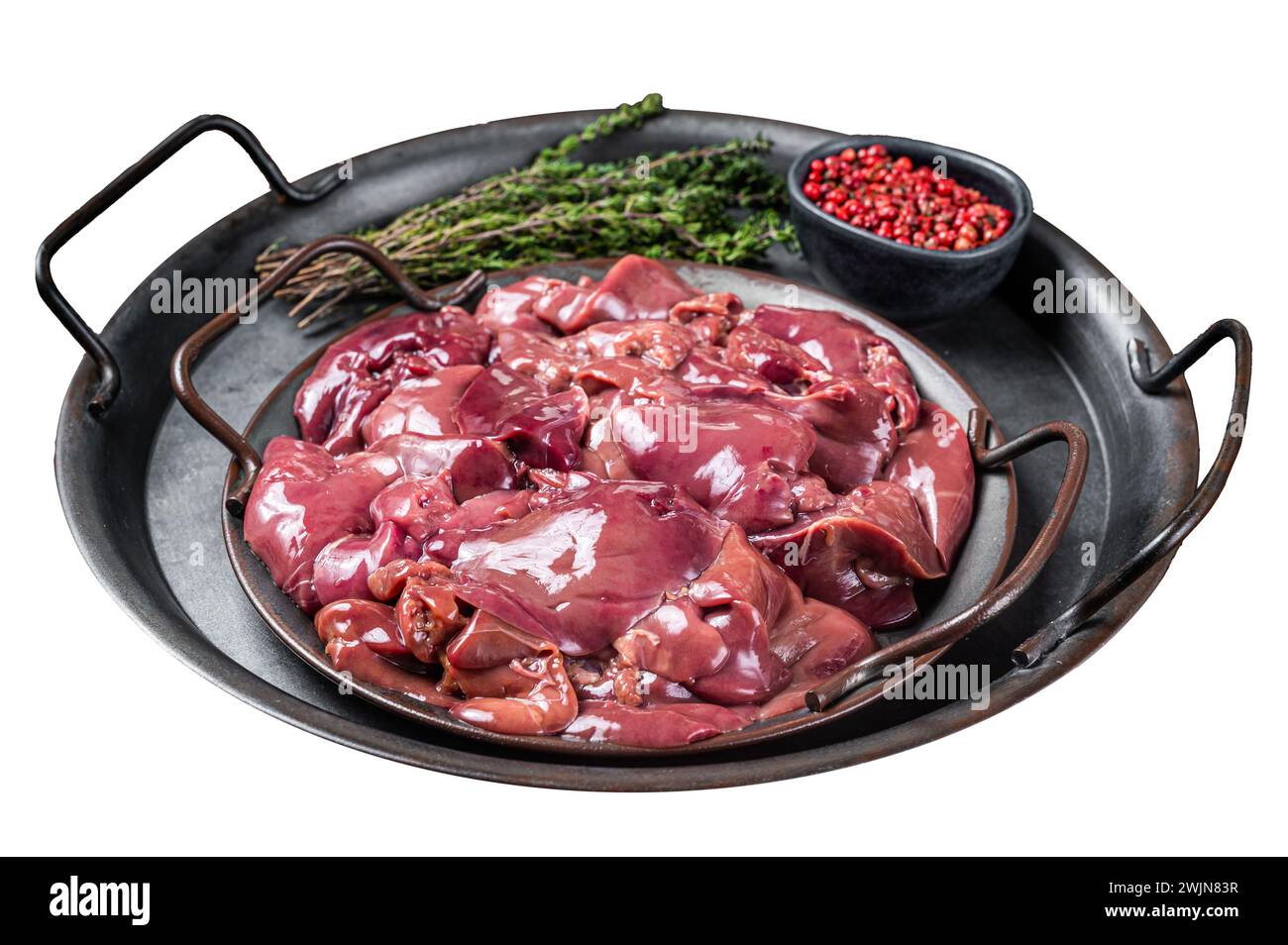 Fresh Raw chicken liver, poultry giblets in steel tray with herbs. Isolated on white background. Top view Stock Photo