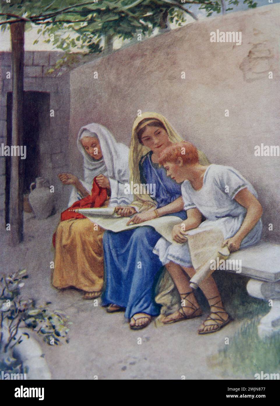 Illustration of Timothy and his Mother Eunice and Grandmother Lois Teaching him the Faith (Epistle to Timothy) New Testament Stock Photo
